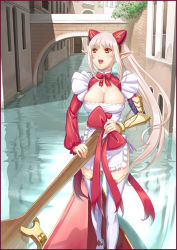  10s 1girl :d aldra_(queen&#039;s_blade) aldra_(queen's_blade) apron blush boat bow breasts canal cleavage eiwa female_focus gondola hair_ornament large_breasts long_hair open_mouth paddle pointy_ears queen&#039;s_blade queen&#039;s_blade_rebellion red_eyes reflection silver_hair smile solo standing summoner_aldra thighhighs water watercraft  rating:Sensitive score:25 user:danbooru