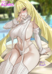  1girl achromaru arm_support artist_logo blonde_hair blurry blurry_background blush breasts commentary creatures_(company) curvy diagonal_bangs english_commentary game_freak green_eyes green_nails hand_up large_breasts long_hair looking_at_viewer lusamine_(pokemon) mature_female meme_attire navel nintendo parted_lips patreon_username pokemon pokemon_sm revealing_clothes signature simple_background sitting solo stomach sweater thick_thighs thighs turtleneck turtleneck_sweater very_long_hair virgin_destroyer_sweater 