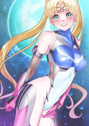 1girl absurdres arion_canvas bishoujo_senshi_sailor_moon blonde_hair bodysuit breasts covered_erect_nipples earrings gloves green_eyes highres jewelry large_breasts long_hair looking_at_viewer magical_girl moon sailor_moon skin_tight smile solo taimanin_(series) taimanin_suit tsukino_usagi twintails very_long_hair