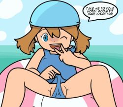  bad_anatomy blue_eyes clothes_pull creatures_(company) game_freak loli may_(pokemon) nintendo pokemon swimsuit tagme  rating:Questionable score:11 user:G-Blade
