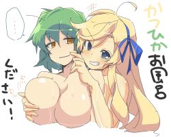  10s 2girls breasts colorfag grabbing grabbing_another&#039;s_breast hikage_(senran_kagura) katsuragi_(senran_kagura) large_breasts mndayo multiple_girls senran_kagura smile 