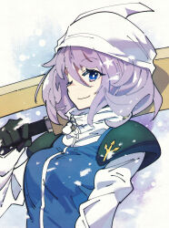 1girl advent_cirno black_gloves blue_vest closed_mouth commission gloves hair_between_eyes hat highres holding holding_weapon letty_whiterock light_purple_hair long_sleeves one_eye_closed pixiv_commission purple_eyes shirt short_hair smile solo touhou upper_body ushiki_yoshitaka vest weapon white_hat white_shirt