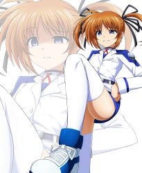  absurdres belt brown_hair commentary_request commission disdain eyebrows_hidden_by_hair grin hair_ribbon hands_on_own_hips highres long_sleeves lyrical_nanoha mahou_shoujo_lyrical_nanoha miniskirt oshimaru026 partially_shaded_face pixiv_commission purple_eyes red_ribbon ribbon short_twintails skirt smile smug takamachi_nanoha thighhighs tsab_air_military_uniform tsab_executive_military_uniform twintails white_background white_devil white_sneakers white_thighhighs 