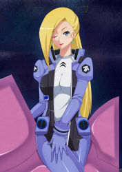 1girl bad_id bad_pixiv_id blonde_hair blue_eyes bodysuit breasts earrings gundam gundam_g_no_reconguista highres jewelry large_breasts long_hair looking_at_viewer m_(masa11051105) mick_jack one_eye_closed solo space very_long_hair 