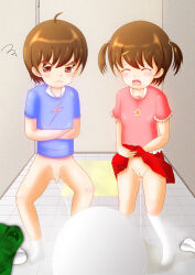  1boy 1girl angry bathroom blue_shirt blush bottomless breasts briefs briefs_removed brother_and_sister brown_eyes brown_hair censored child_on_child cleft_of_venus closed_eyes clothes_lift crossed_arms crying floral_print girl+boy_peeing_together green_shorts hair_ornament hairclip kneehighs lightning_bolt_print loli long_hair looking_at_viewer male_underwear mosaic_censoring nekoya_shinji open_mouth panties pee peeing peeing_together penis pink_shirt print_shirt pussy red_skirt shirt short_hair short_sleeves shorts shota siblings skirt skirt_lift small_breasts small_penis socks sweat tears toilet twins twintails underwear unworn_panties unworn_shorts white_briefs white_panties white_socks  rating:Explicit score:58 user:Whenz