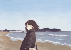  1girl :o absurdres arms_at_sides bag beach black_jacket blue_sky blush brown_hair clear_sky closed_eyes collared_jacket cowboy_shot day facing_viewer floating_hair from_behind hand_in_pocket handbag highres horizon jacket long_bangs long_hair ocean open_mouth original outdoors sasaxxxx06 shore sidelocks sky solo twitter_username waves 