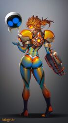  1girl absurdres arm_cannon ass assault_visor blonde_hair blue_bodysuit bodysuit danderfull fusion highres long_hair looking_at_viewer metroid mole mole_under_mouth nintendo orange_goggles overwatch ponytail samus_aran skin_tight solo spiked_hair tracer_(overwatch) weapon 