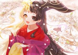  1girl amazakura bemani black_eyes black_hair blonde_hair blunt_bangs blush branch bug butterfly cherry_blossoms fang flower heterochromia horns insect japanese_clothes kimono long_hair looking_at_viewer multicolored_hair open_mouth slit_pupils solo split-color_hair two-tone_hair vajra_(reflec_beat) very_long_hair yellow_eyes 