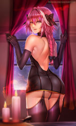1boy ass astolfo_(fate) back backless_dress backless_outfit badcompzero black_bow bow braid candle choker cowboshot cowboy_shot crossdressing curtains dress elbow_gloves fang fate/apocrypha fate/grand_order fate_(series) garter_straps gloves hair_bow highres indoors long_hair looking_back male_focus patreon_username pink_eyes pink_hair short_dress shoulder_blades single_braid skin_tight smirk solo sweat thighhighs thong topless_male trap rating:Sensitive score:70 user:danbooru