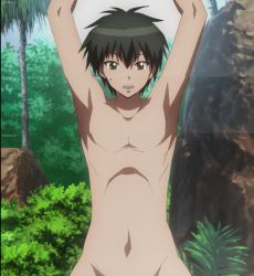  armpits arms_up ben-tou black_hair brown_eyes bush highres looking_down nude open_mouth out-of-frame_censoring rock screencap stitched sweatdrop third-party_edit tree 