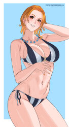  1girl arm_up armpit_crease bare_shoulders bikini blush border breasts brown_eyes cleavage collarbone cowboy_shot earrings forehead grin hair_behind_ear halterneck hand_in_own_hair hand_up highres hoop_earrings jewelry large_breasts looking_at_viewer nail_polish nami_(one_piece) navel necklace o-ring o-ring_top official_alternate_costume official_alternate_hairstyle one_piece one_piece:_strong_world orange_hair orange_nails outside_border paid_reward_available parted_bangs parted_lips patreon_username pearl_necklace pink_lips short_hair side-tie_bikini_bottom smile solo stomach sweatdrop swimsuit thighs uukkaa watermark web_address wet white_border 