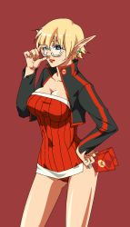  1girl adjusting_eyewear bad_id bad_pixiv_id bare_legs between_fingers black_jacket blonde_hair blue_eyes breasts character_request cleavage collarbone contrapposto cowboy_shot cropped_jacket dress ear_piercing elf fingernails glasses hair_between_eyes hand_on_eyewear hand_on_own_hip hand_up highres holding jacket large_breasts legs_apart long_sleeves looking_at_viewer microdress mile_(lancermoon) mole mole_under_mouth open_clothes open_jacket original panties pantyshot parted_lips piercing pointy_ears red_background red_dress red_lips red_panties ribbed_dress semi-rimless_eyewear short_hair smile solo standing strapless strapless_dress under-rim_eyewear underwear white-framed_eyewear 