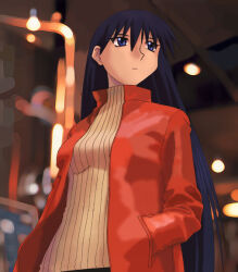  1girl azuma_kiyohiko azumanga_daiou bad_id black_hair blue_eyes blurry blurry_background breasts brown_sweater casual closed_mouth commentary expressionless from_below hand_in_pocket indoors jacket long_hair long_sleeves looking_afar looking_to_the_side medium_breasts official_art open_clothes open_jacket red_jacket ribbed_sweater sakaki_(azumanga_daioh) solo standing sweater turtleneck turtleneck_sweater upper_body very_long_hair 