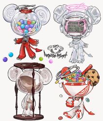  amatou_akuma animal_ears artist_name cereal clock cookie creature food full_body gumball_machine halo highres hourglass milk_carton mouse_ears no_humans object_head original pawpads signature simple_background sitting sparkle standing tail white_background 