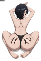 1girl absurdres ass black_hair black_panties bleach blue_eyes blush closed_mouth from_behind highres kuchiki_rukia looking_at_viewer mistowing no_bra panties short_hair shoulder_blades simple_background smile solo topless underwear white_background rating:Sensitive score:43 user:tanaab1234567890