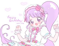  1girl :d blunt_bangs blush bow center_frills commentary_request dated dress frilled_dress frills hands_up happy_birthday idol_clothes lolita_fashion long_hair looking_at_viewer manaka_non open_mouth pink_bow poro_(pweedro) pretty_series pripara puffy_short_sleeves puffy_sleeves purple_eyes purple_hair short_sleeves side_ponytail simple_background sleeves_past_wrists smile solo sweet_lolita very_long_hair white_background white_dress wrist_cuffs 