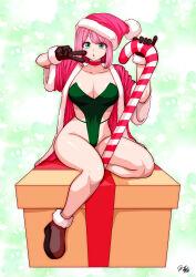  1girl blue_eyes breasts brown_gloves candy candy_cane choker commentary_request eguchi_tomoka food full_body gift gloves highres kou_iu_no_ga_ii large_breasts looking_at_viewer original pink_hair red_choker shiny_skin short_hair sitting solo souryu strapless strapless_one-piece_swimsuit swimsuit v 