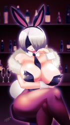  1girl 2024 2b_(nier:automata) artist_name bar blindfold breasts champagne_bottle champagne_glass cleavage crossed_legs fur_trim highres large_breasts leotard necktie nier:automata nier_(series) parted_lips rabbit_ears rabbit_tail short_hair sitting thighhighs white_hair zedrin 