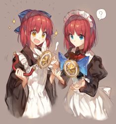  2girls :d ? apron bad_id bad_pixiv_id blue_eyes blue_ribbon blush brown_background chocoan company_connection crossover fate/kaleid_liner_prisma_illya fate_(series) frilled_apron frills hair_ornament hair_ribbon hisui_(tsukihime) holding juliet_sleeves kakazu_yumi kohaku_(tsukihime) long_sleeves magical_ruby magical_sapphire maid maid_apron maid_headdress matsuki_miyu multiple_girls open_mouth puffy_sleeves red_hair ribbon voice_actor_connection short_hair siblings simple_background sisters smile sparkle spoken_question_mark sweatdrop takano_naoko trait_connection tsukihime twins white_apron wide_sleeves yellow_eyes 