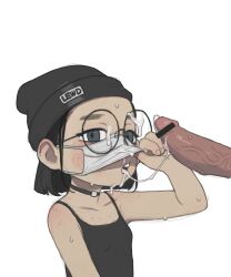  1boy 1girl after_fellatio aged_down bar_censor beanie black_eyes black_hair body_freckles borrowed_character breasts camisole censored choker cum cum_in_mouth cum_in_nose cum_on_eyewear cum_string facial fellatio fellatio_under_mask freckles from_side glasses hat hetero highres loli looking_at_viewer mask mossa_(mossacannibalis) open_mouth opossumachine oral original penis short_hair simple_background small_breasts solo_focus teeth upper_body upper_teeth_only veins veiny_penis white_background  rating:Explicit score:517 user:danbooru