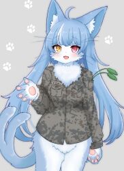  1boy ahoge androgynous animal_ear_fluff animal_hands blush bottomless camouflage camouflage_shirt cat_boy cattail commentary_request cowboy_shot furry furry_male grey_background heterochromia highres japan_air_self-defense_force japan_air_self-defense_force_omaezaki_sub-base japan_self-defense_force long_hair looking_at_viewer male_focus medium_bangs military mokumokuuma omaneko open_mouth paw_print paw_print_background plant red_eyes shirt slit_pupils smile solo split_tail trap whiskers yellow_eyes 