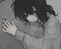 1girl artist_request black_eyes black_hair black_nails closed_mouth depressed expressionless grey_sweater hair_between_eyes long_hair long_sleeves nail_polish original solo sweater third-party_source upper_body 