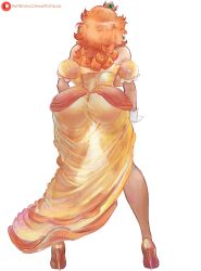  1girl absurdres alva_(artofalva) artist_name ass ass_focus backboob bare_shoulders breasts crown cutesexyrobutts_(style) dress earrings from_behind high_heels highres jewelry large_breasts legs mario_(series) nintendo orange_hair patreon_username princess_daisy pussy see-through see-through_dress see-through_silhouette simple_background solo thigh_gap thighs watermark white_background 