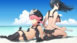  2girls ass back-to-back beach beanie belt belt_pouch black_hair blue_sky boots breasts butt_crack convenient_censoring day dimples_of_venus duplicate gun handgun hat highres holster horizon jakuzure_nonon katana kill_la_kill kiryuuin_satsuki knee_boots large_breasts light_smile long_hair lying md5_mismatch multiple_girls naked_belt navel no_panties nudist_beach_uniform ocean on_side outdoors partially_submerged petite pink_eyes pink_hair pistol pouch resolution_mismatch scabbard seiza sheath sheathed shoulder_holster sidelocks sitting skull_print sky small_breasts source_smaller summer sword thick_eyebrows thigh_boots thighhighs utility_belt water weapon wind wind_lift yas66  rating:Questionable score:56 user:danbooru