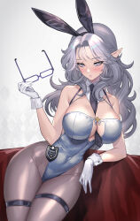  1girl :o animal_ears arm_support badge bare_shoulders between_breasts blush breasts cleavage cleavage_cutout clothing_cutout covered_navel detached_collar elf unworn_eyewear fake_animal_ears glasses gloves highres hitowa holding holding_removed_eyewear large_breasts leotard looking_at_viewer necktie original pantyhose playboy_bunny pointy_ears rabbit_ears solo white_background white_gloves  rating:Sensitive score:27 user:danbooru