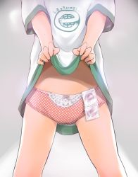 1girl clothes_lift condom condom_packet_strip condom_wrapper head_out_of_frame loli panties shirt shirt_lift simple_background solo underwear wancho rating:Questionable score:115 user:Domestic_Importer
