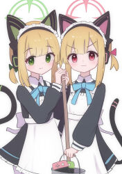  :3 animal_ear_headphones animal_ears apron bamboo_broom black_dress blonde_hair blue_archive blue_bow blush bow broom bucket cat_ear_headphones cat_girl cat_tail dress fake_animal_ears game_development_department_(blue_archive) green_bow green_eyes green_halo hair_bow halo headphones highres maid maid_apron medium_hair midori_(blue_archive) momoi_(blue_archive) nintendo_switch one_side_up pink_bow pink_eyes pink_halo siblings sisters smile tail twins unoi white_apron 