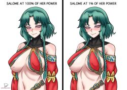  1girl absurdres artist_name bare_shoulders blush breasts bright_pupils commentary covered_erect_nipples english_commentary english_text fate/grand_order fate_(series) green_hair highres large_breasts looking_at_viewer midriff mole mole_on_breast navel parted_bangs pink_eyes romulproduce salome_(fate) short_hair_with_long_locks simple_background white_background white_pupils 
