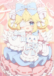  1girl :d bell blonde_hair blue_bow blue_eyes bow cat commission cutesu_(cutesuu) dress eyepatch hair_bell hair_bow hair_ornament highres jingle_bell long_sleeves medical_eyepatch open_mouth original skeb_commission sleeves_past_fingers sleeves_past_wrists smile tyakomes variant_set wings 