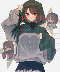 1girl black_skirt blush brown_hair chibi closed_mouth hair_between_eyes highres hood hood_up hoodie hyuuga_(kancolle) kantai_collection kazeshio long_sleeves looking_at_viewer multiple_views pleated_skirt red_eyes revision short_hair simple_background skirt sleeves_past_wrists stuffed_toy 