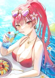  1girl ball beachball bikini blush breasts cleavage drinking drinking_straw earrings eyewear_on_head food fork fruit fruit_request gold_earrings gold_necklace grapes heart heart-shaped_eyewear heart_necklace heterochromia highres hololive houshou_marine houshou_marine_(summer) jewelry large_breasts long_hair looking_at_viewer miroku_yy nail_polish necklace official_alternate_costume pink_nails ponytail red_bikini red_eyes red_hair solo strawberry sunglasses swimsuit virtual_youtuber wading water yellow_eyes 