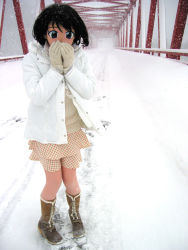  1girl animegao asian blush boots bridge cold cosplay cosplay_photo gloves highres jacket kigurumi pantyhose photo_(medium) skirt snow snowing solo third-party_edit zentai  rating:Sensitive score:21 user:danbooru