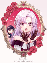  akikuriii alternate_hairstyle bare_shoulders black_gloves braid character_name collarbone dress flower french_braid gloves highres hyakumantenbara_salome hyakumantenbara_salome_(1st_costume) long_hair looking_at_viewer mirror nijisanji open_mouth purple_eyes purple_hair red_dress red_flower red_rose reflection rose sparkle strapless strapless_dress tsukino_mito tsukino_mito_(1st_costume) virtual_youtuber 