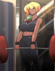 1girl absurdres barbell bare_arms bare_shoulders bendy_straw black_pants blonde_hair breasts brown_eyes commentary commission cup dark-skinned_female dark_skin disposable_cup double_biub drinking_straw exercising eyebrows_hidden_by_hair hair_between_eyes hair_ornament highres indoors large_breasts looking_away mirror object_on_breast original pants reflection side_ponytail solo standing weightlifting x_hair_ornament