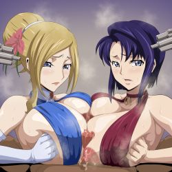 1boy 2girls absurdres breasts cecile_croomy cleavage code_geass cooperative_paizuri highres huge_breasts iwao178 large_breasts long_hair milly_ashford multiple_girls paizuri rating:Explicit score:152 user:Galvano