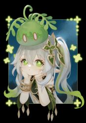  1girl 750x077 :o absurdres artist_name black_border blush border bracelet commentary cross-shaped_pupils detached_sleeves dress eyelashes genshin_impact gold_trim green_dress green_eyes green_hair green_sleeves hair_between_eyes hair_ornament hands_on_own_cheeks hands_on_own_face hands_up head_rest highres jewelry long_hair looking_at_viewer multicolored_hair nahida_(genshin_impact) night night_sky on_head open_mouth outside_border pointy_ears short_sleeves side_ponytail sidelocks sky sleeveless sleeveless_dress slime_(creature) slime_(genshin_impact) solo star_(sky) starry_sky streaked_hair symbol-only_commentary symbol-shaped_pupils twitter_username upper_body white_dress white_hair 