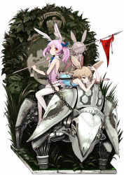  3girls animal_ears ass bare_shoulders binoculars blonde_hair bow chain copyright_name enchi flag from_behind hair_bow leotard multiple_girls original playboy_bunny princess_royale purple_hair rabbit_ears rabbit_girl red_eyes robot scar silver_hair the_tortoise_and_the_hare thighhighs twintails 