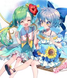  2girls aqua_dress barefoot blue_bow blue_dress blue_hair bow cirno closed_eyes daiyousei dress fairy fairy_wings flower food frilled_dress frills green_hair hair_bow hair_flower hair_ornament holding holding_food ice ice_wings long_hair multiple_girls open_mouth popsicle red_flower rooseputo_02 sandals short_hair side_ponytail smile sunflower touhou twitter_username wings yellow_eyes yellow_flower  rating:General score:1 user:danbooru
