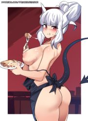 1girl :t apron artist_name ass bare_shoulders black_apron black_bow blunt_bangs blush border bow breasts closed_mouth cowboy_shot cum cum_on_body cum_on_breasts cum_on_food cum_on_upper_body cum_string demon_girl demon_horns demon_tail eating fork from_behind gokkun hair_bun helltaker highres hinghoi holding holding_fork holding_plate horns large_breasts long_hair looking_at_viewer looking_back lucifer_(helltaker) mole mole_under_eye naked_apron nipples outside_border plate sideboob sidelocks single_hair_bun smile solo tail watermark web_address white_border rating:Explicit score:171 user:danbooru
