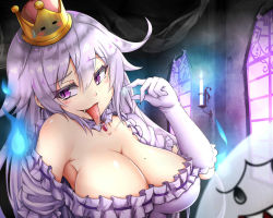 1girl amiable bad_id bad_nicoseiga_id blue_fire boo_(mario) breasts candle crown dress fire frilled_dress frilled_gloves frills gloves hair_between_eyes indoors large_breasts long_hair long_tongue luigi&#039;s_mansion mario_(series) mini_crown new_super_mario_bros._u_deluxe nintendo princess_king_boo puffy_short_sleeves puffy_sleeves purple_eyes saliva sharp_teeth short_sleeves super_crown teeth tilted_headwear tongue tongue_out white_dress white_gloves white_hair window rating:Sensitive score:11 user:danbooru