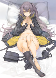  1girl bad_id bad_twitter_id barefoot bottomless brown_hair feet fingerless_gloves flat_chest girls&#039;_frontline gloves hair_between_eyes hair_ornament jacket long_hair looking_at_viewer lying naked_jacket navel on_back one_side_up panties panties_around_leg pantyhose pantyhose_around_one_leg pillow scar scar_across_eye scar_on_face smile solo ump45_(girls&#039;_frontline) underwear very_long_hair yellow_eyes zutta 