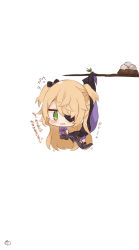 1girl ^^^ bare_shoulders bird_nest black_dress black_gloves black_thighhighs blonde_hair blush bow branch chibi dress egg elbow_gloves eyepatch fischl_(genshin_impact) garter_straps genshin_impact gloves green_eyes hair_over_one_eye hanging highres looking_at_viewer muuran purple_bow simple_background single_leg_pantyhose single_thighhigh solo thighhighs translation_request two_side_up white_background rating:General score:2 user:danbooru