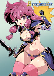  1girl arm_up armor bikini bikini_armor blue_bikini branmarker breasts brown_eyes brown_hair character_request cleavage clenched_hand commentary_request commission copyright_name elbow_gloves fingerless_gloves gem gloves highres long_hair medium_breasts navel nipple_slip nipples open_mouth pink_thighhighs puchidori skeb_commission smile solo swimsuit sword thick_thighs thighhighs thighs weapon  rating:Questionable score:7 user:danbooru