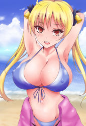  10s 1girl armpits arms_behind_head bakuon!! bell biker_clothes bikesuit bikini bikini_under_clothes blonde_hair blue_bikini blush bodysuit breasts cleavage cloud covered_erect_nipples day eyelashes front-tie_top hair_bell hair_ornament hair_ribbon large_breasts long_hair looking_at_viewer navel ocean open_clothes open_mouth orange_eyes ribbon sayo_ayato smile solo suzunoki_rin swimsuit swimsuit_under_clothes tsurime twintails yellow_eyes  rating:Questionable score:49 user:tanaab1234567890