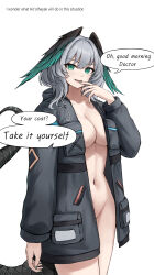  1girl :d absurdres aqua_eyes arknights black_coat breasts coat commentary cosplay cowboy_shot daisy_cutter doctor_(arknights) doctor_(arknights)_(cosplay) grey_hair groin head_wings highres ho&#039;olheyak_(arknights) large_breasts long_sleeves looking_at_viewer naked_coat navel open_clothes open_coat open_mouth short_hair simple_background smile solo speech_bubble standing stomach thighs white_background wings 