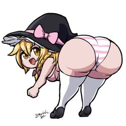  1girl ass ass_focus blonde_hair bow breasts from_behind hat highres huge_ass kirisame_marisa looking_back medium_breasts panties sideboob simple_background socks solo touhou underwear white_background witch witch_hat yellow_eyes zedrin  rating:Questionable score:34 user:danbooru